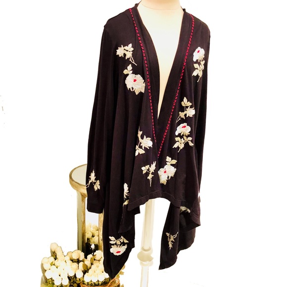 Johnny Was Sweaters - Johnny Was Black Embroidered Cardigan Kimono